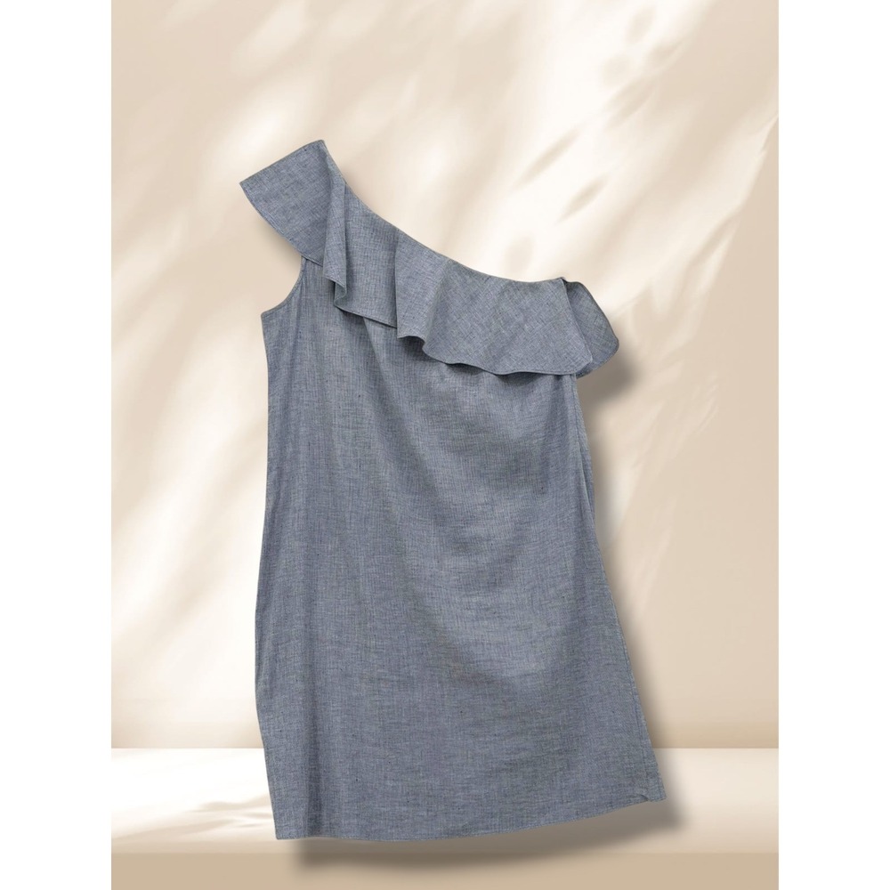 Theory Ruffle One Shoulder Chambray Shift Dress Size 4